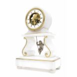 Alabaster drumhead mantel clock timepiece, the 3.25" white chapter ring enclosing a skeletonised