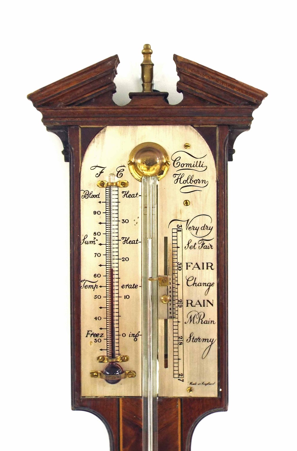 Mahogany inlaid stick barometer, the silvered scale signed Comitti, Holborn, over a flat trunk - Image 2 of 2