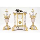 Fine French coloured marble and ormolu mounted torsion mantel clock garniture, the 5" white dial