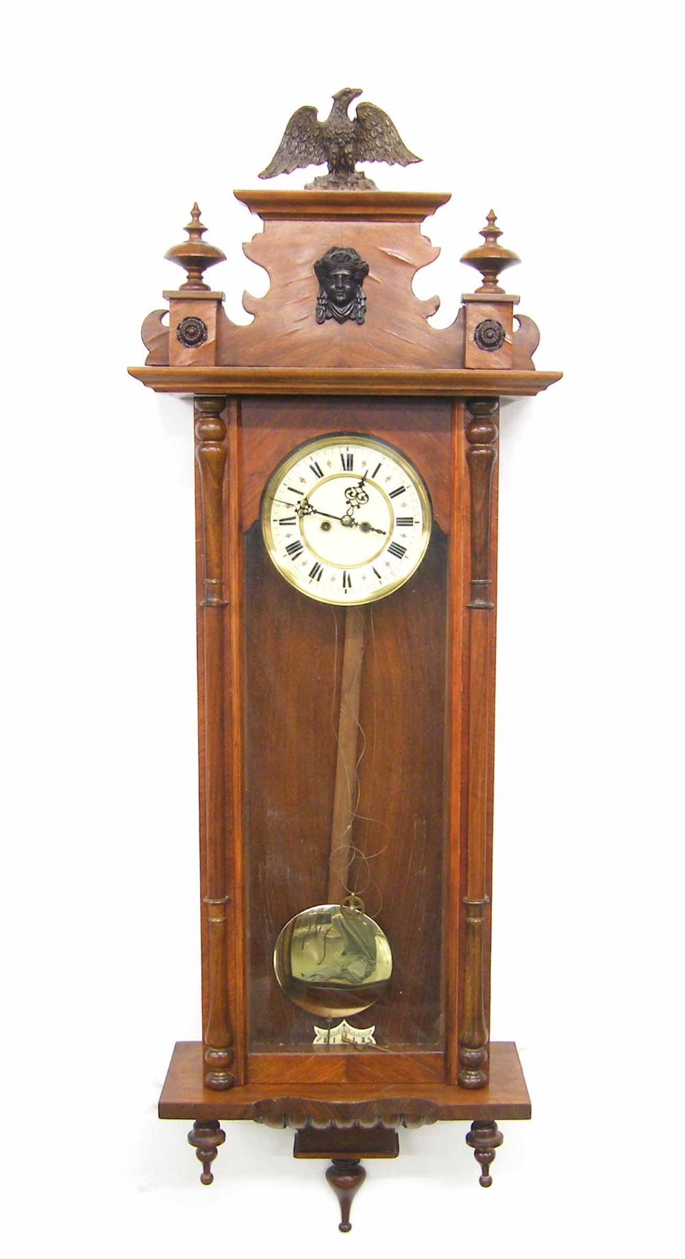 Walnut double weight Vienna regulator wall clock, the 6.25" cream dial within a pillared glazed