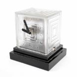 Unusual Bulle Art Deco electric mantel clock, the movement housed in a glass cube with etched lines