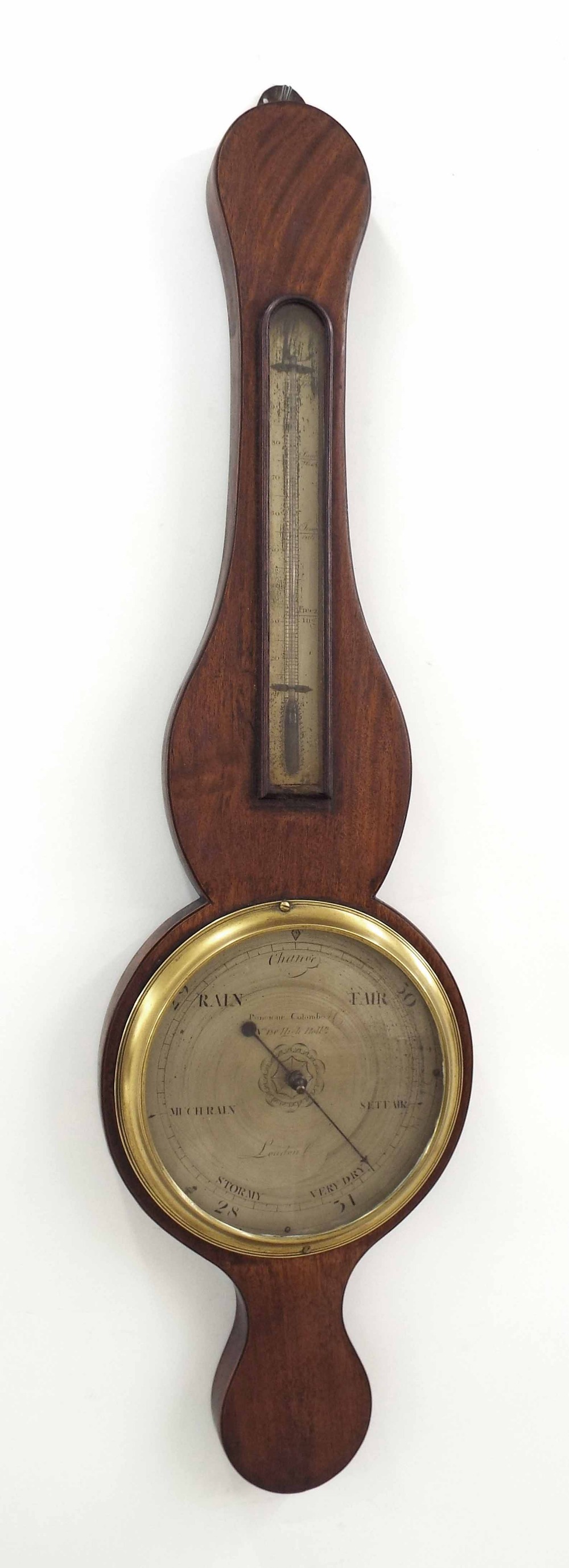 Early mahogany banjo barometer/thermometer, the 8" silvered dial signed Poneione Colombo, no. 180