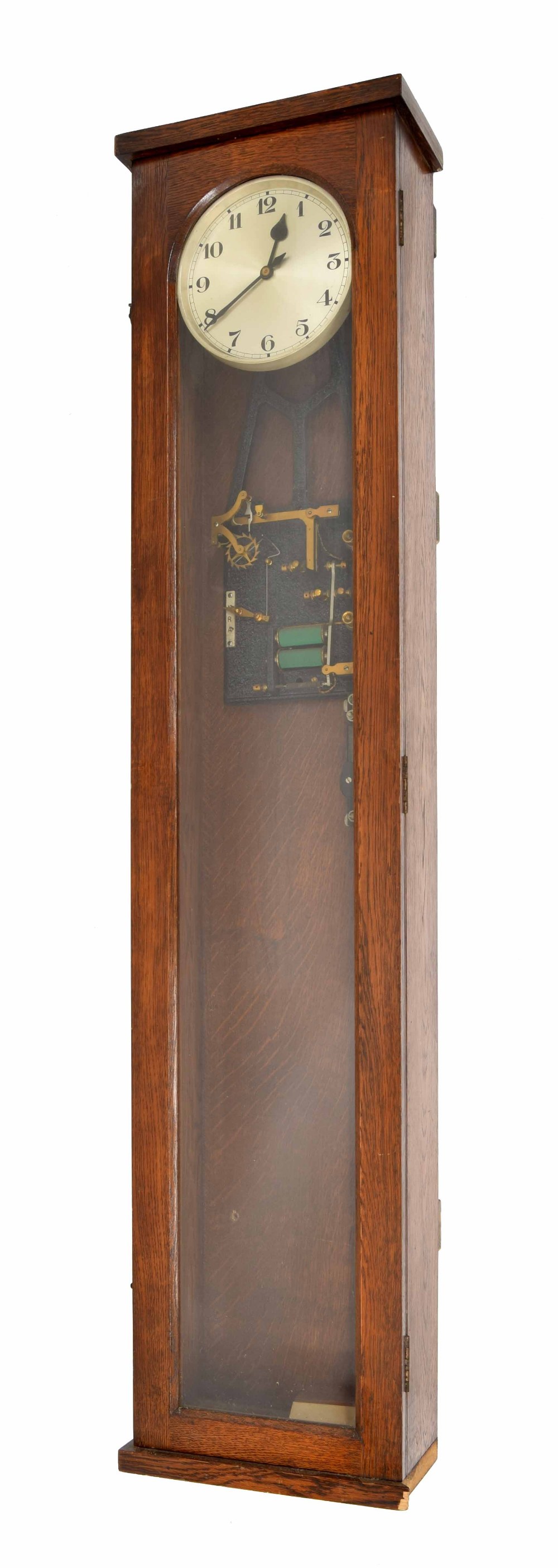 Synchronome electric master clock, the 6.25" silvered dial within an oak glazed stepped case, 50.5"