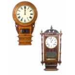 American inlaid two train 12" drop dial wall clock, 33" high overall; also another American inlaid