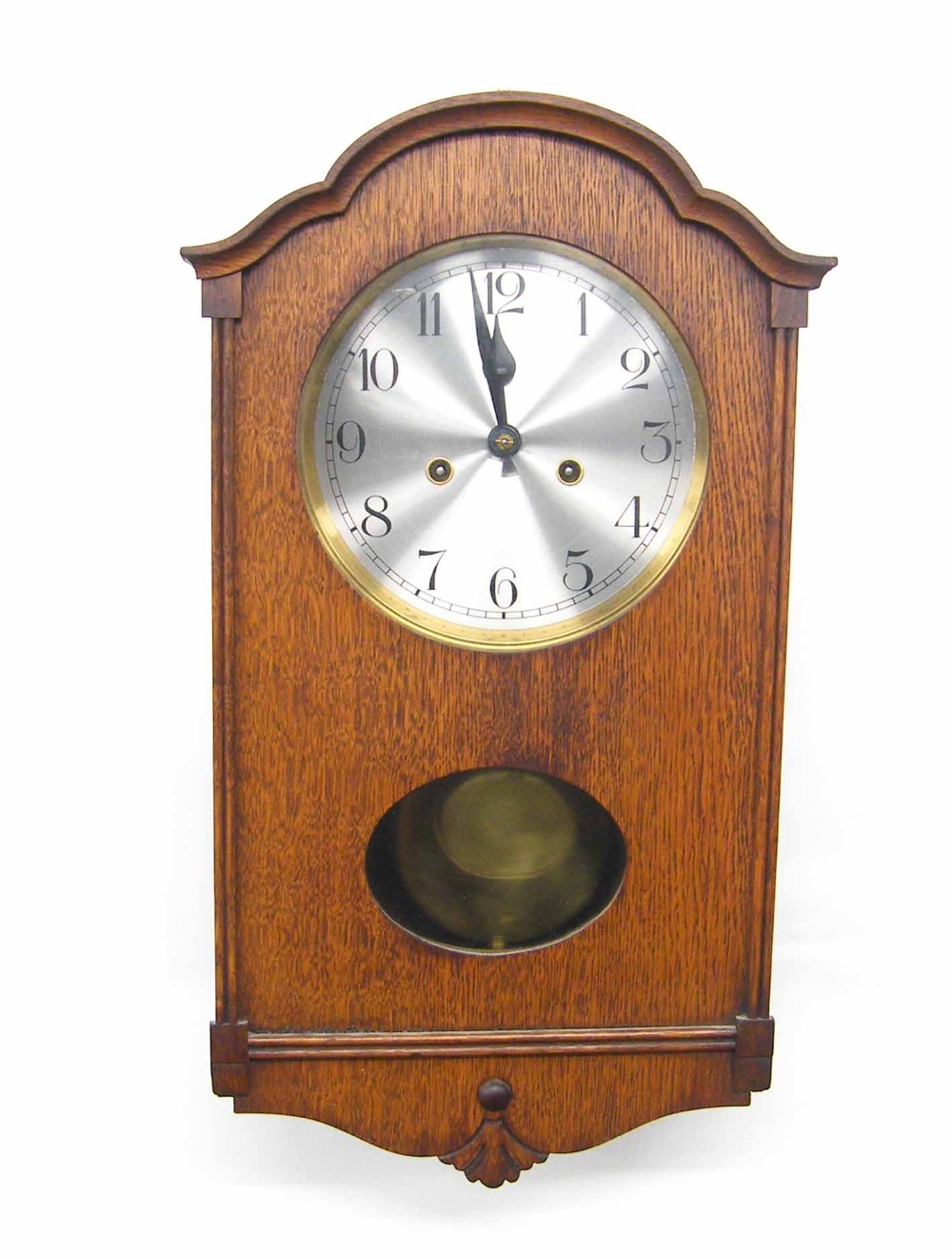 Oak cased two train wall clock, 19.25" high (pendulum and key); also an Arts & Crafts style dark - Image 2 of 3