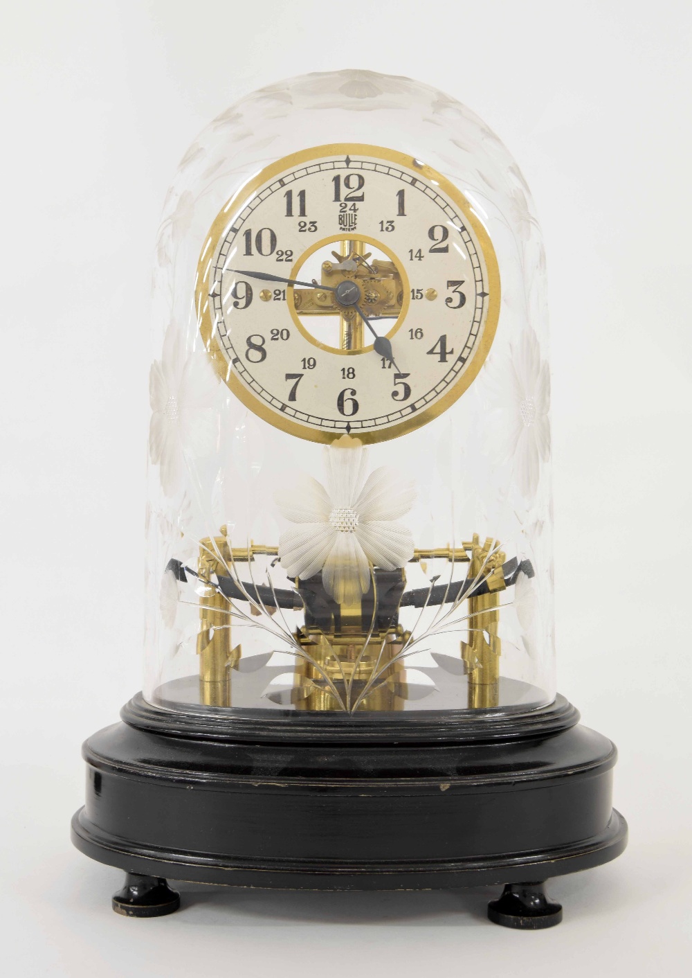 Bulle Patent electric mantel clock, the 5" silvered twenty-four hour dial with skeletonised