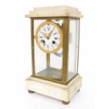 French four glass and white marble two train mantel clock striking on a gong, the 3.25" white dial