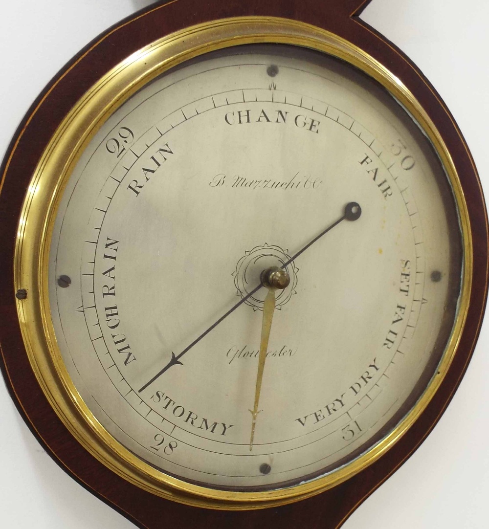 Mahogany inlaid banjo barometer/thermometer, the 8" silvered dial signed B. Mazzuchi & Co, - Image 3 of 3