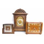 Large carved oak three train mantel clock, 18.5" high; also an Art Deco walnut three train mantel