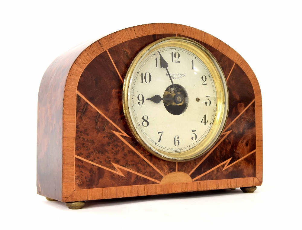 Bulle-Clock mantel clock the 5.25" silvered dial within a birds eye maple and satinwood banded