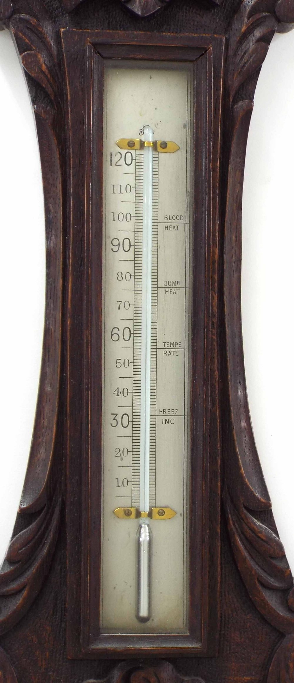 Oak banjo barometer/thermometer, the 8" silvered dial within a foliate carved case; also a novelty - Image 3 of 3