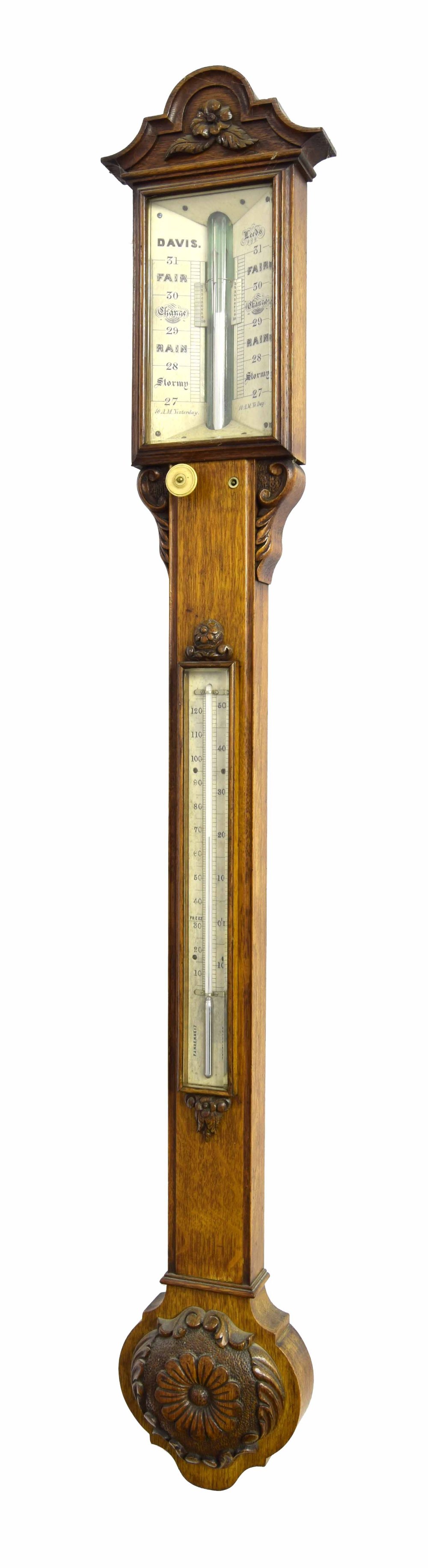 Good oak stick barometer/thermometer signed Davis, Leeds on the angled ivory plate, over a flat