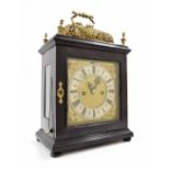 Fine English ebonised double fusee verge basket top bracket clock, the 7" square brass dial plate