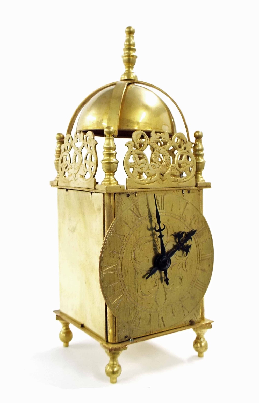 Small brass lantern clock timepiece with Buren platform movement and fixed key, 10.25" high