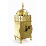 Small brass lantern clock timepiece with Buren platform movement and fixed key, 10.25" high