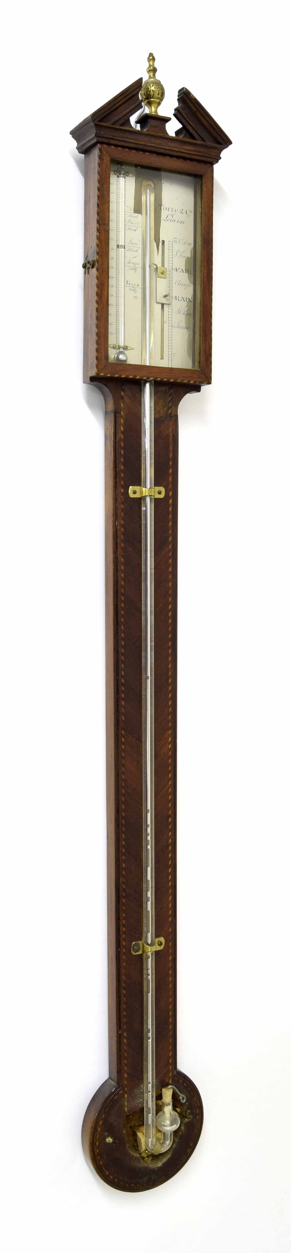 Mahogany stick barometer signed Torre & Co, London to the silvered scale, over a flat trunk to the