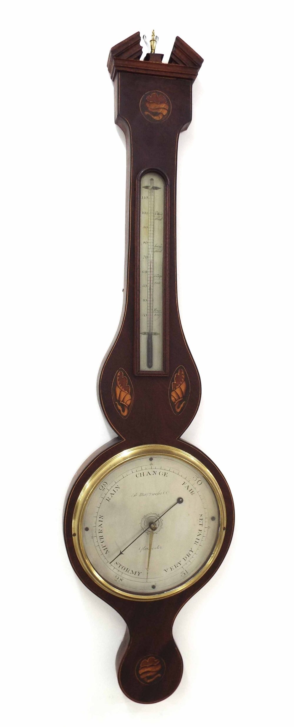 Mahogany inlaid banjo barometer/thermometer, the 8" silvered dial signed B. Mazzuchi & Co,