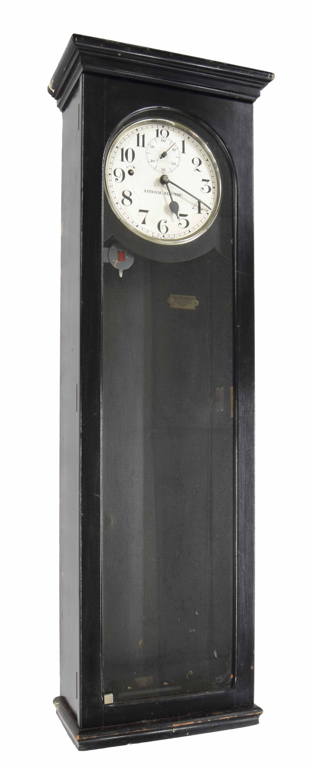 National electric master clock, the 9" silvered dial with subsidiary seconds dial, within an
