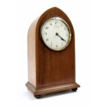 L. Bardon electric mantel clock, the 5.25" white dial within a mahogany lancet case inlaid with