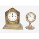 Small brass and silver plated desk clock timepiece, the stepped case inlaid with geometric enamel