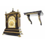 English ebonised triple fusee boardroom mantel clock and bracket, the 8" brass arched dial with