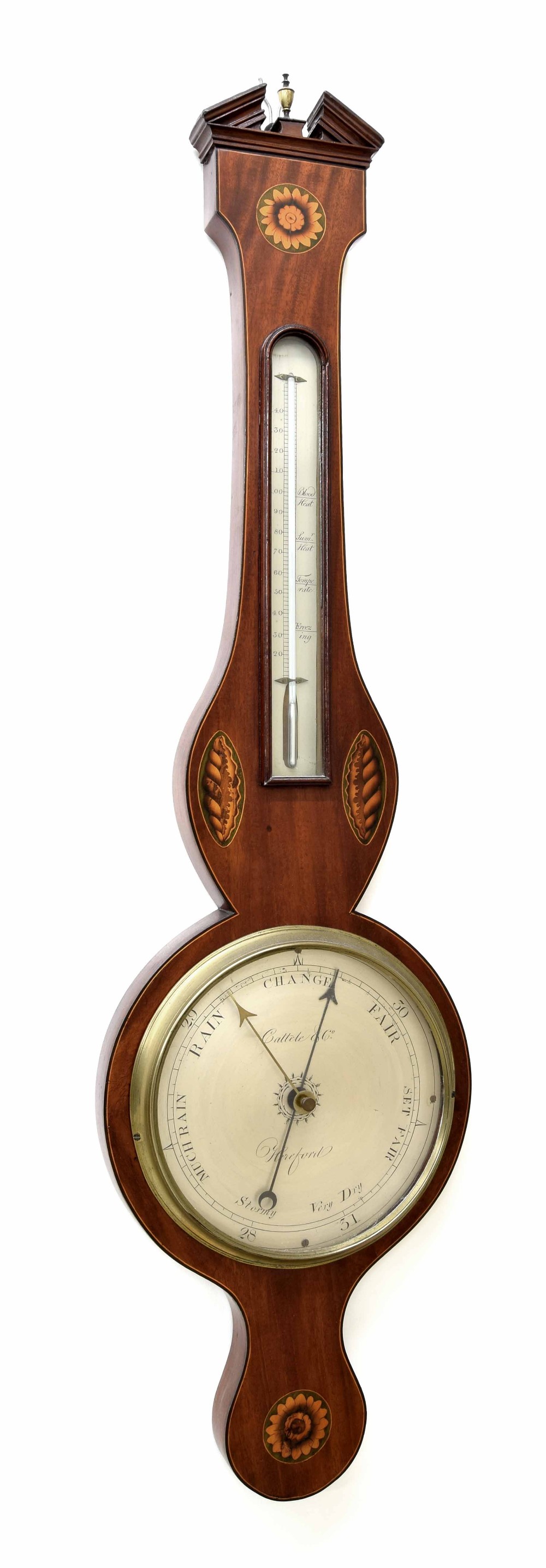 Mahogany inlaid banjo barometer/thermometer, the principal 8" silvered dial signed Cattele & Co,