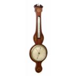 Mahogany inlaid banjo barometer/thermometer, the principal 8" silvered dial signed Cattele & Co,