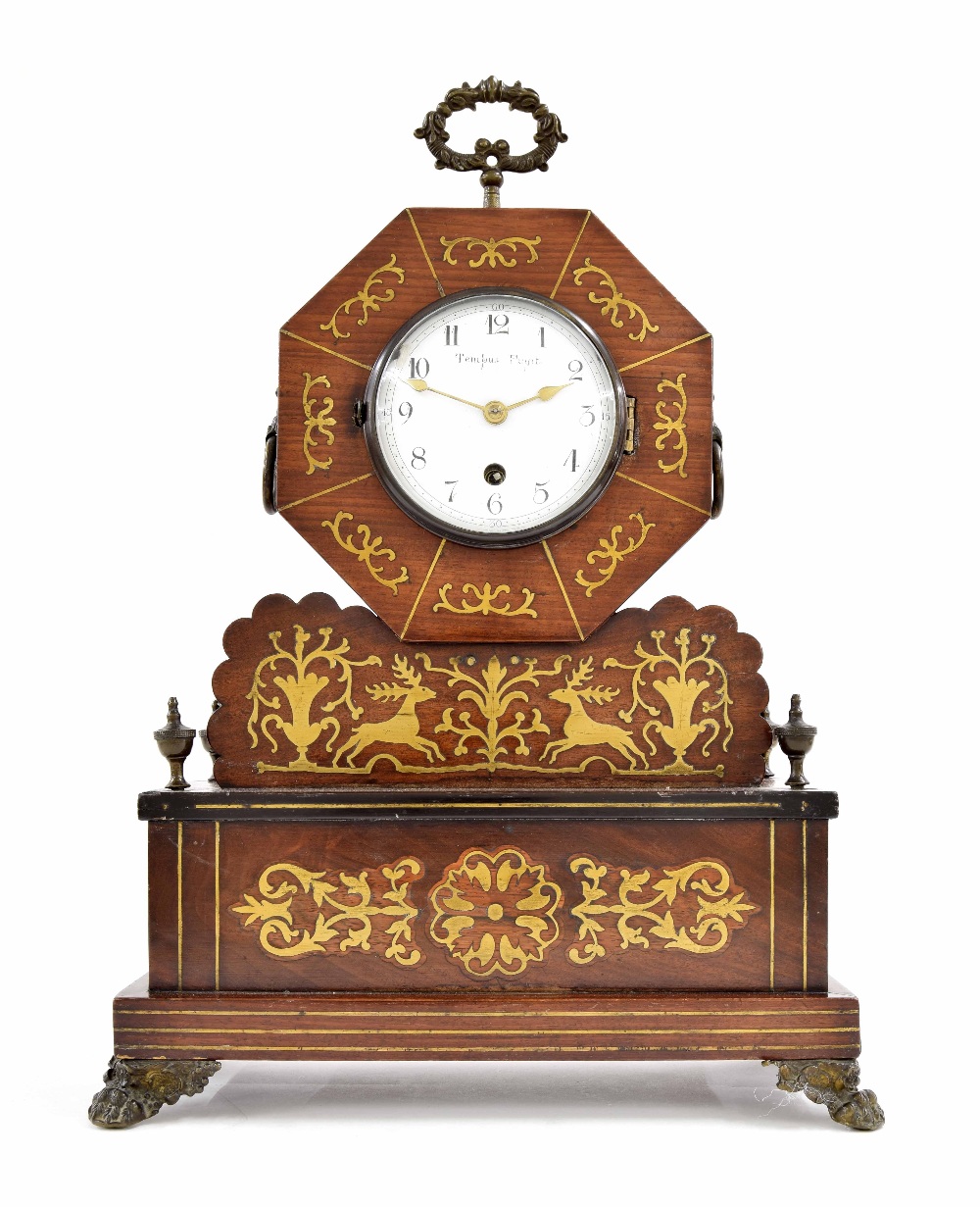 French rosewood and brass inlaid mantel clock timepiece with platform escapement, the 4" white