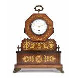 French rosewood and brass inlaid mantel clock timepiece with platform escapement, the 4" white