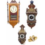 American inlaid two train wall clock (pendulum and key); also two contemporary Dutch two train