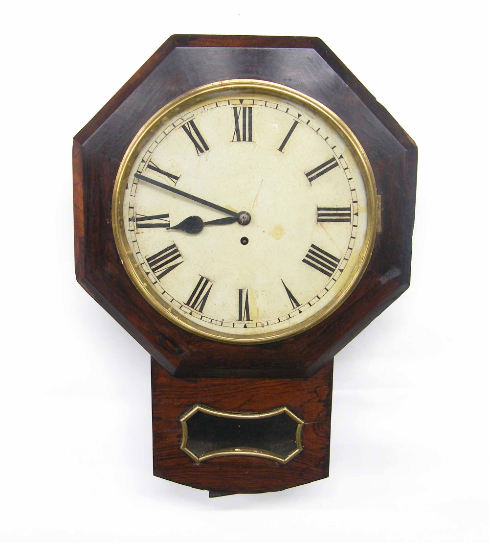 Rosewood single fusee 12" drop dial wall clock, within an octagonal surround over a pendulum