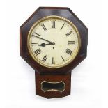 Rosewood single fusee 12" drop dial wall clock, within an octagonal surround over a pendulum