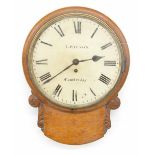 Oak single fusee 12" drop dial wall clock signed T. Wilson, Cambridge, over foliate carved ears (