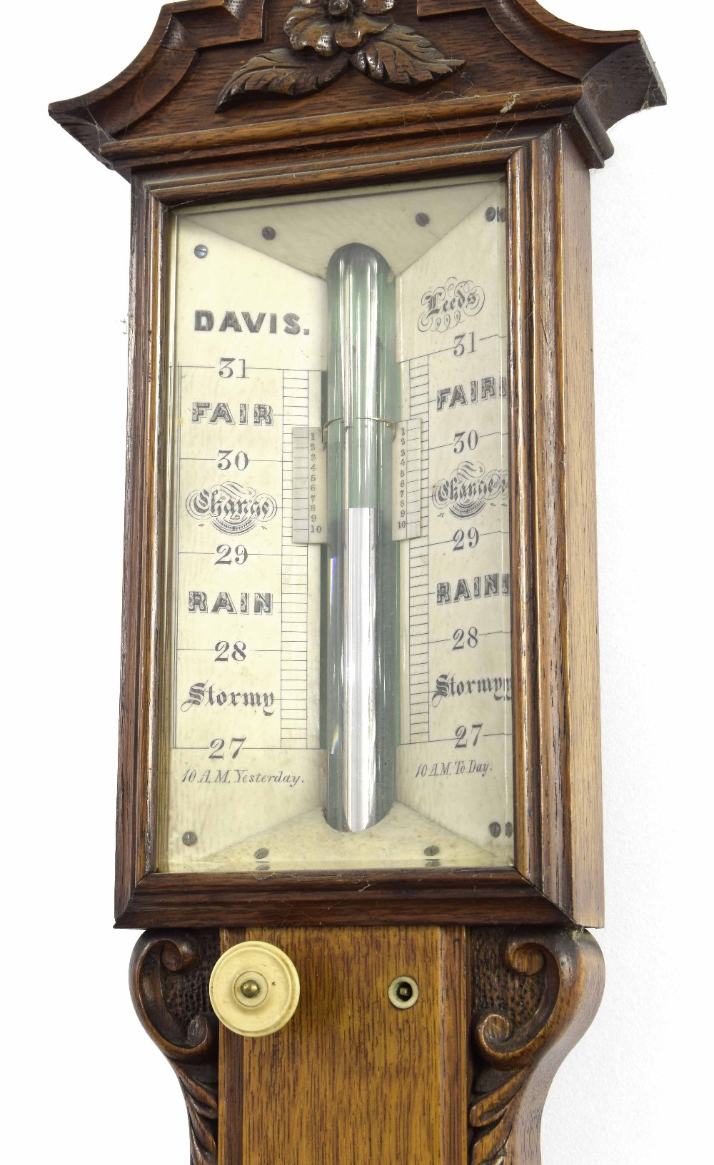 Good oak stick barometer/thermometer signed Davis, Leeds on the angled ivory plate, over a flat - Image 2 of 3