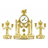 French white marble and ormolu mounted two train mantel clock garniture, the Samuel Marti movement