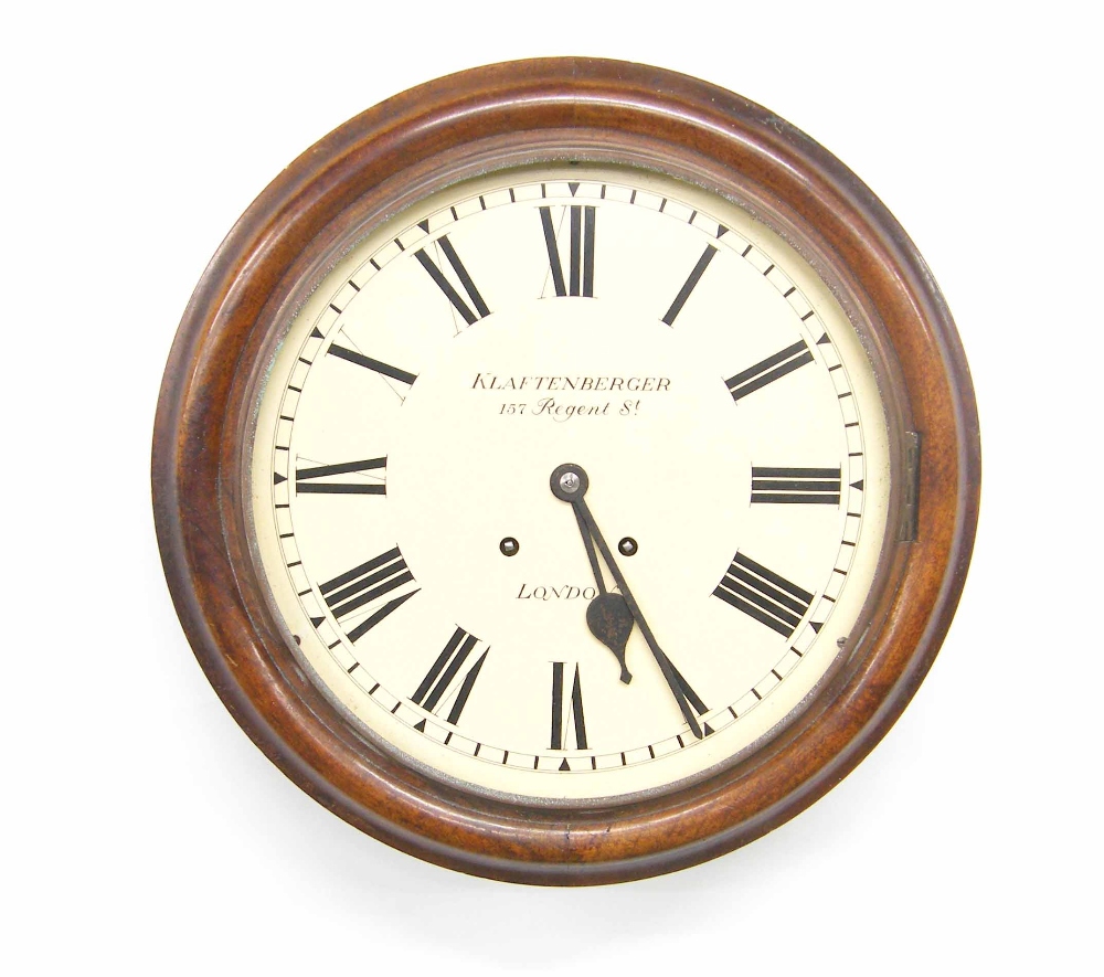 Mahogany two train 12" wall dial clock signed Klaftenberger, 157 Regent St. London, within a