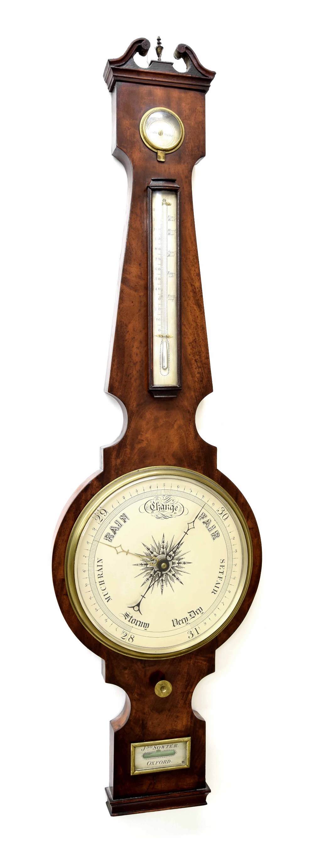 Mahogany four glass banjo barometer signed Jno Sowter, Oxford on the silvered level plate, with