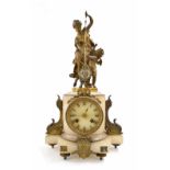 Good French white alabaster two train figural mystery mantel clock, the movement with outside