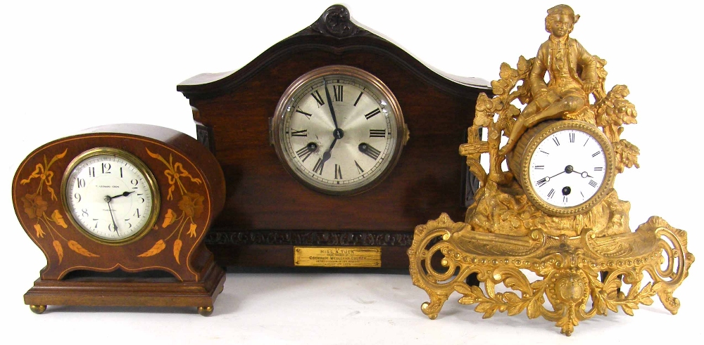 Mahogany inlaid mantel clock timepiece with platform escapement, the 3.25" cream convex dial