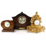 Mahogany inlaid mantel clock timepiece with platform escapement, the 3.25" cream convex dial