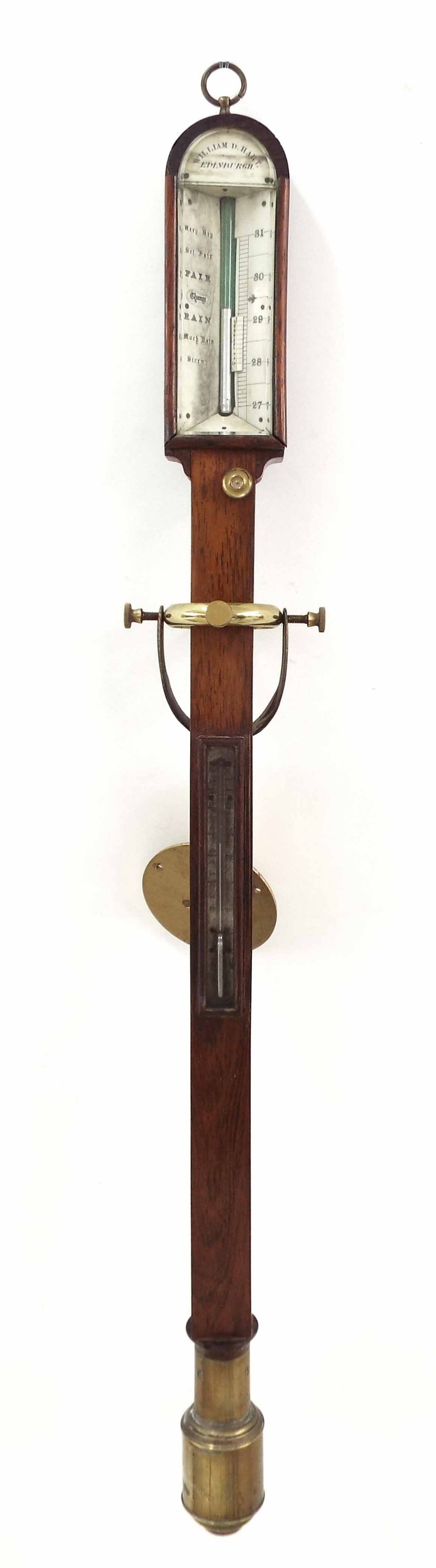 Good Scottish mahogany ship's stick barometer, signed William D. Hart Edinburgh on an arched plate