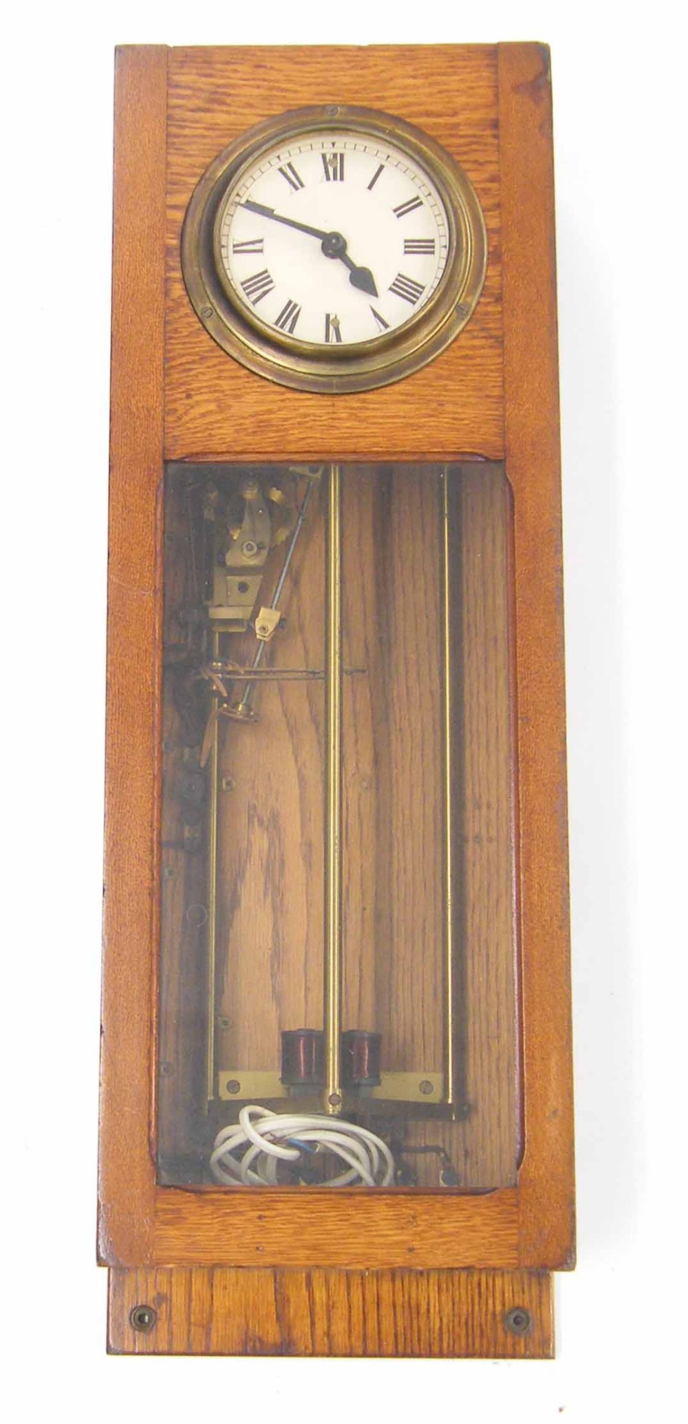 Rare GB/Silent Electric wall clock, the 4.5" cream dial within an oak glazed case, 28.5" high