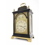 Fine English ebonised triple fusee verge five pillar bracket clock, the 7" brass arched dial