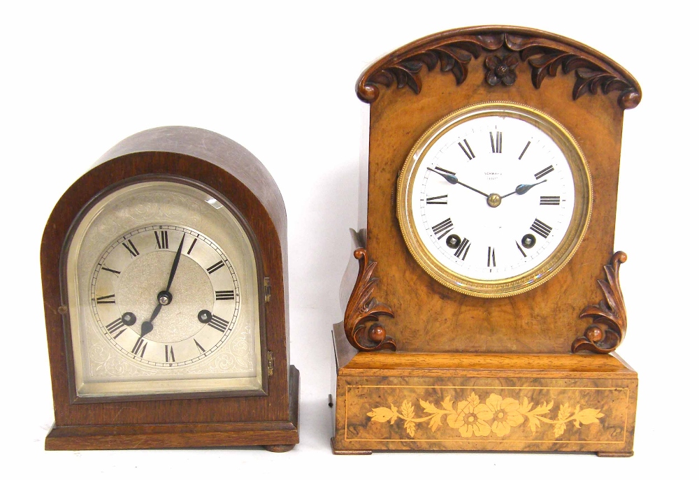 Walnut inlaid two train bracket clock, the W & H movement with outside countwheel striking on a