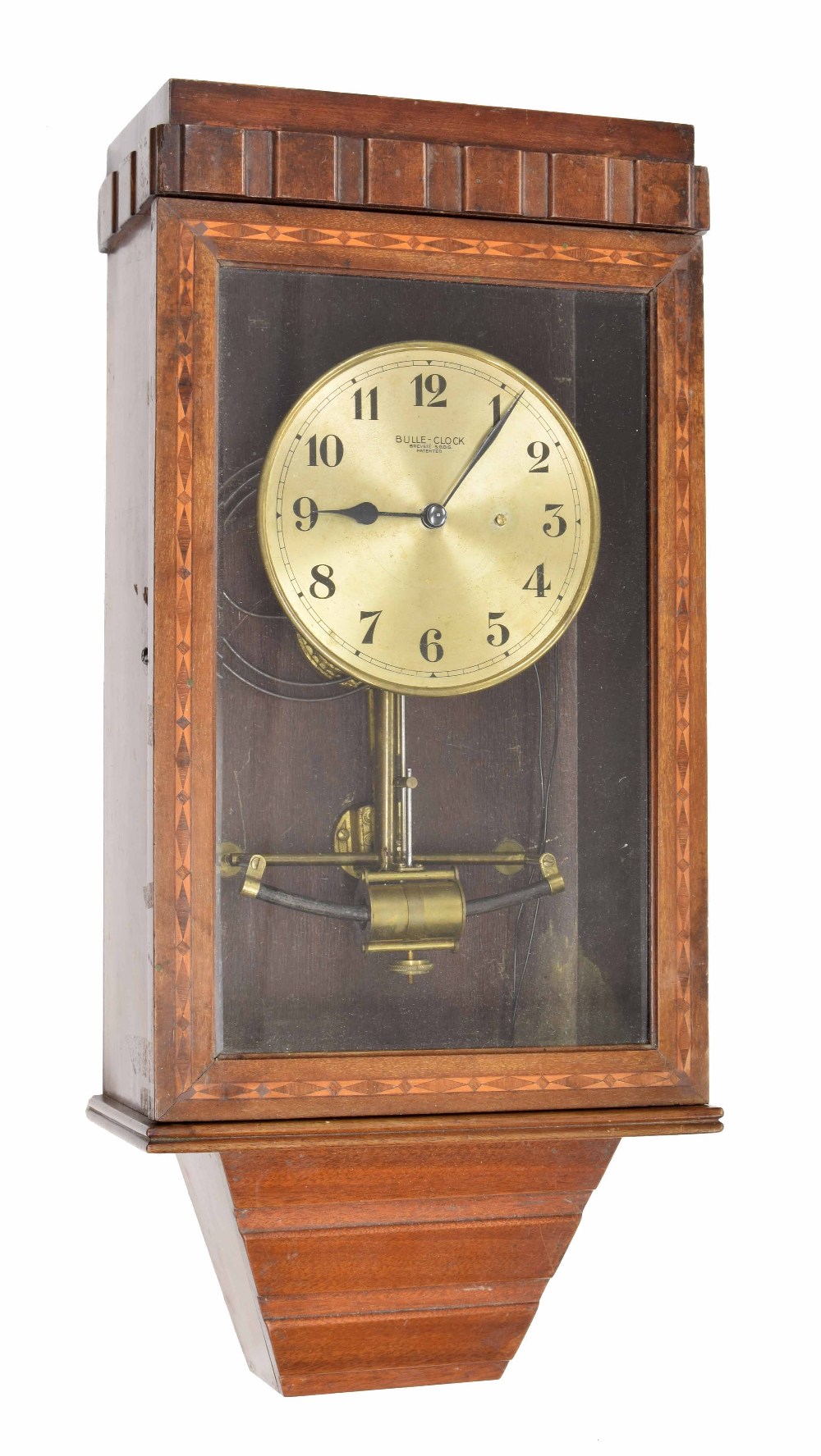 Rare French Bulle-Clock striking wall clock, the 6.5" gilt dial within an inlaid mahogany glazed cas