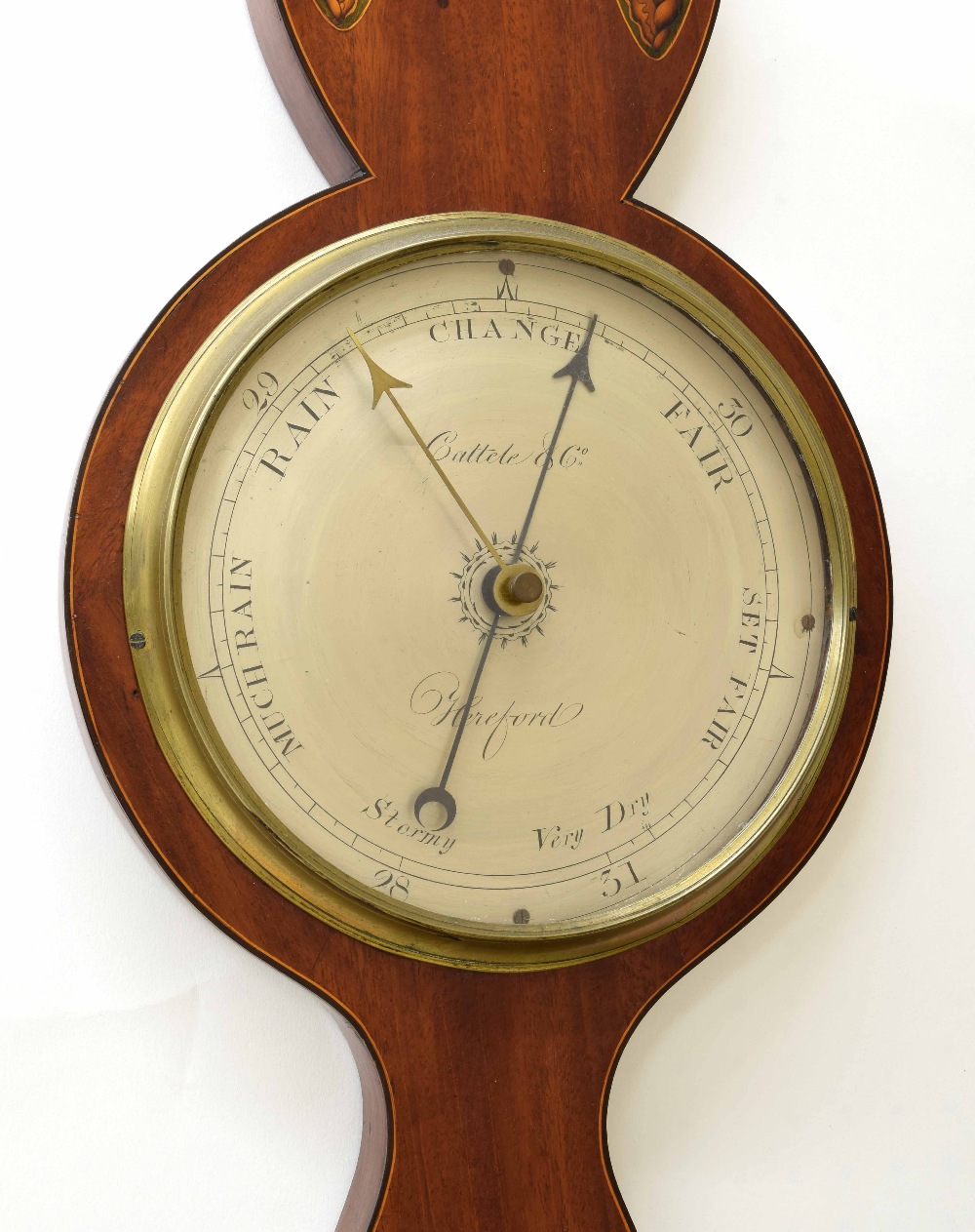 Mahogany inlaid banjo barometer/thermometer, the principal 8" silvered dial signed Cattele & Co, - Image 3 of 3