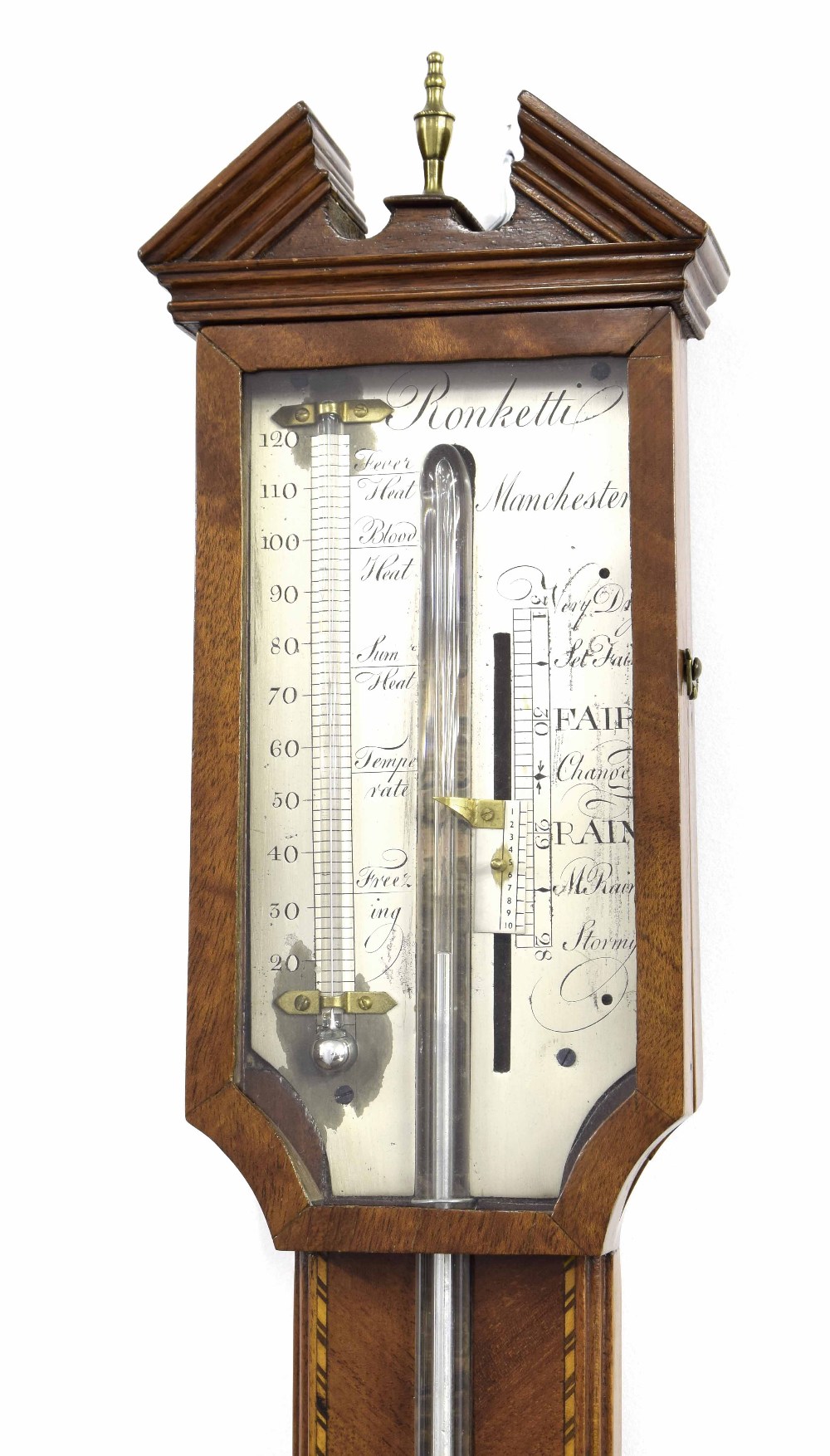 Good mahogany stick barometer, the silvered scale signed Ronketti, Manchester, over a chevron banded - Image 2 of 2