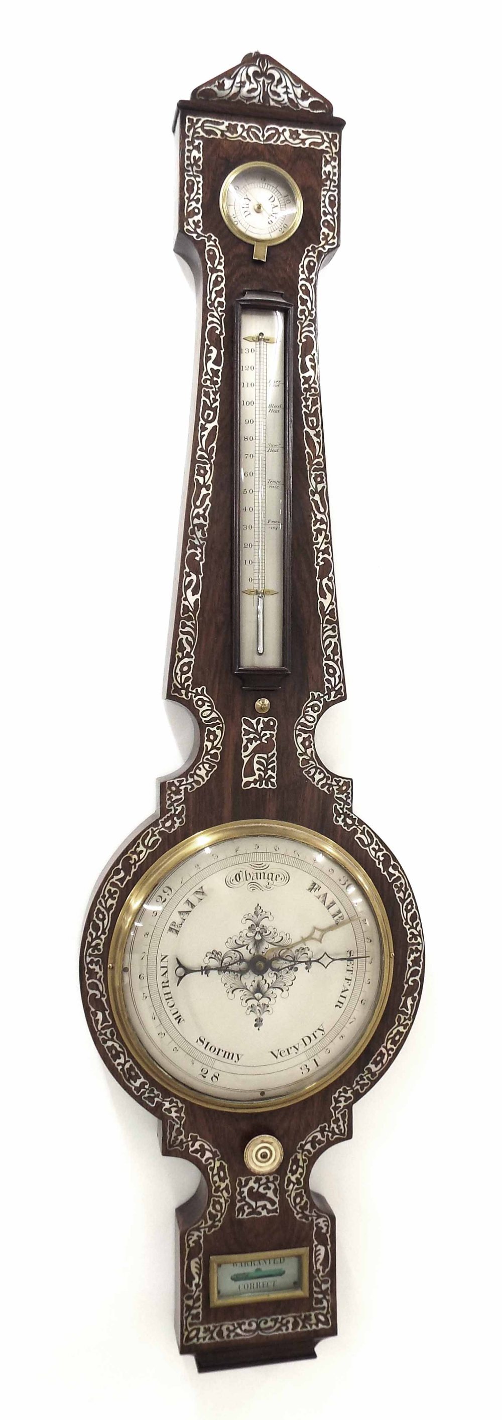 Rosewood and mother of pearl inlaid four glass banjo barometer, the 8" silvered dial within a shaped