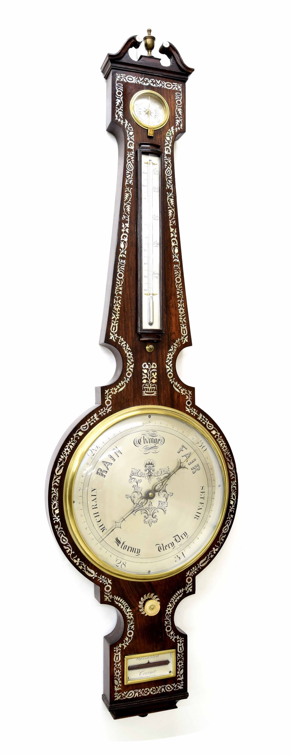 Good four glass rosewood and mother of pearl inlaid banjo barometer, the 10" principal silvered dial