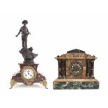 French green and orange marble two train mantel clock within a temple case, 12" high; also a